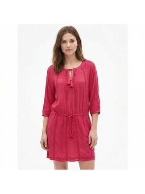 GAP FACTORY Boho Embroidered Dress Drop Waist Tassel Ties at Neck Dark Pink Sz M